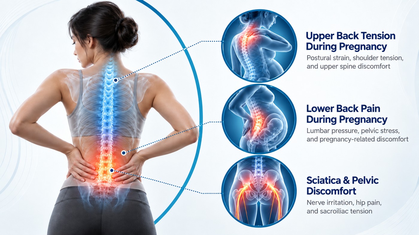 Pregnancy-related upper back tension, lower back pain, and sciatic or pelvic discomfort illustration