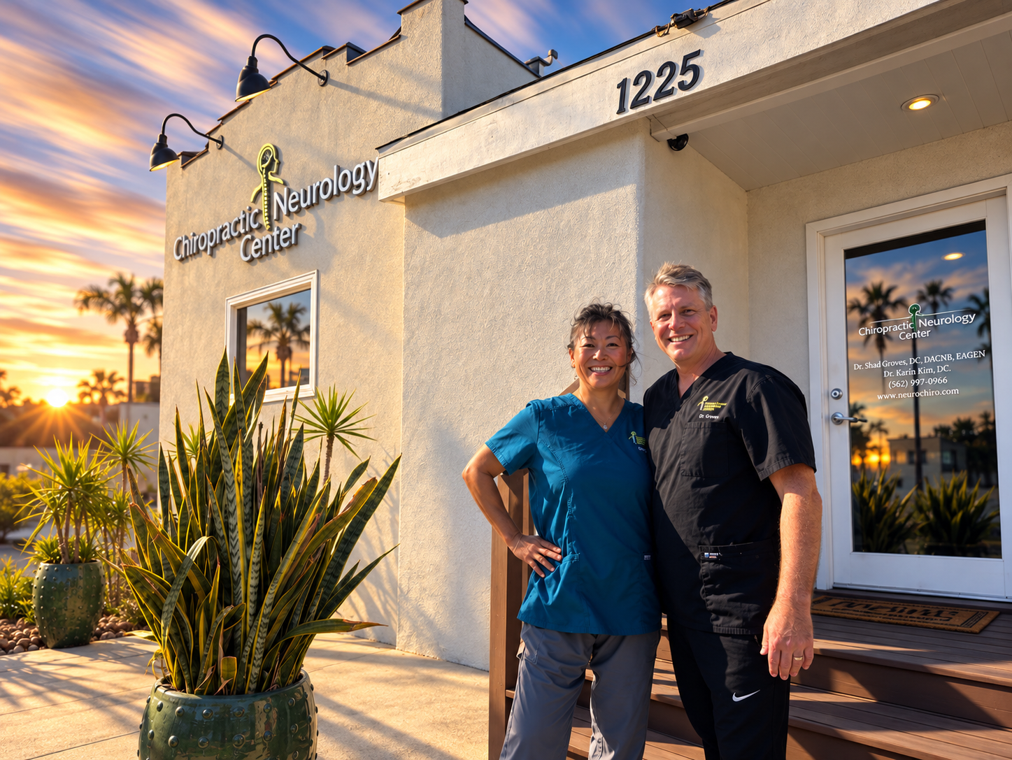 Dr. Karin Kim and Dr. Shad Groves outside Chiropractic Neurology Center at sunset