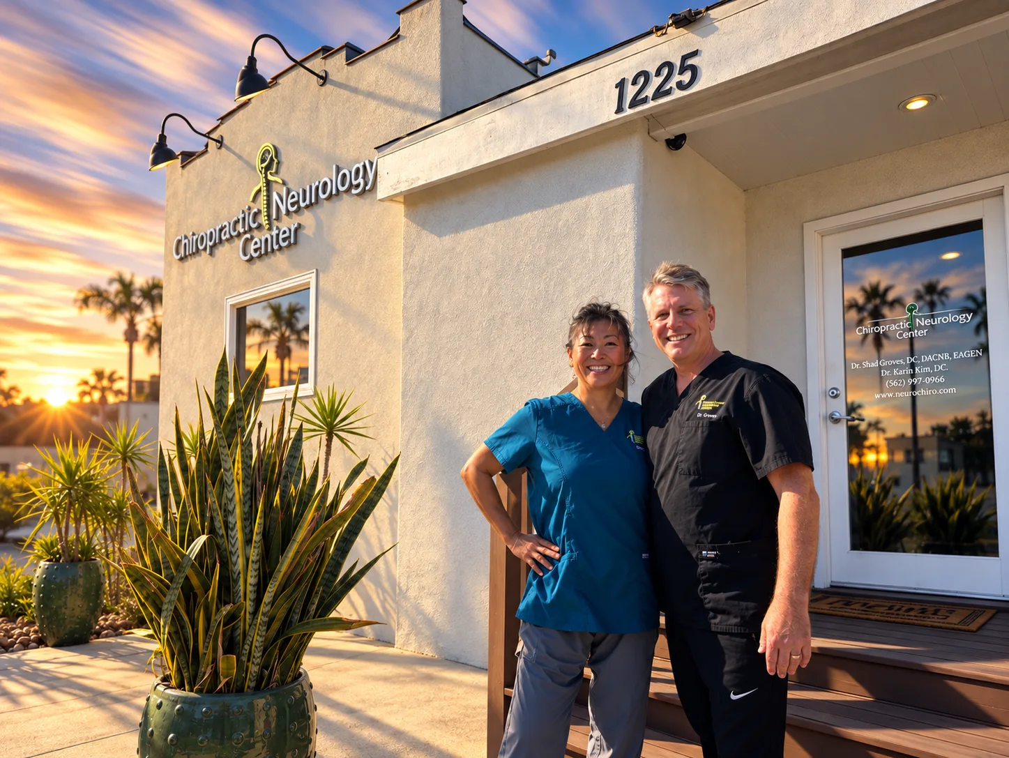 Dr. Karin Kim and Dr. Shad Groves outside Chiropractic Neurology Center at sunset