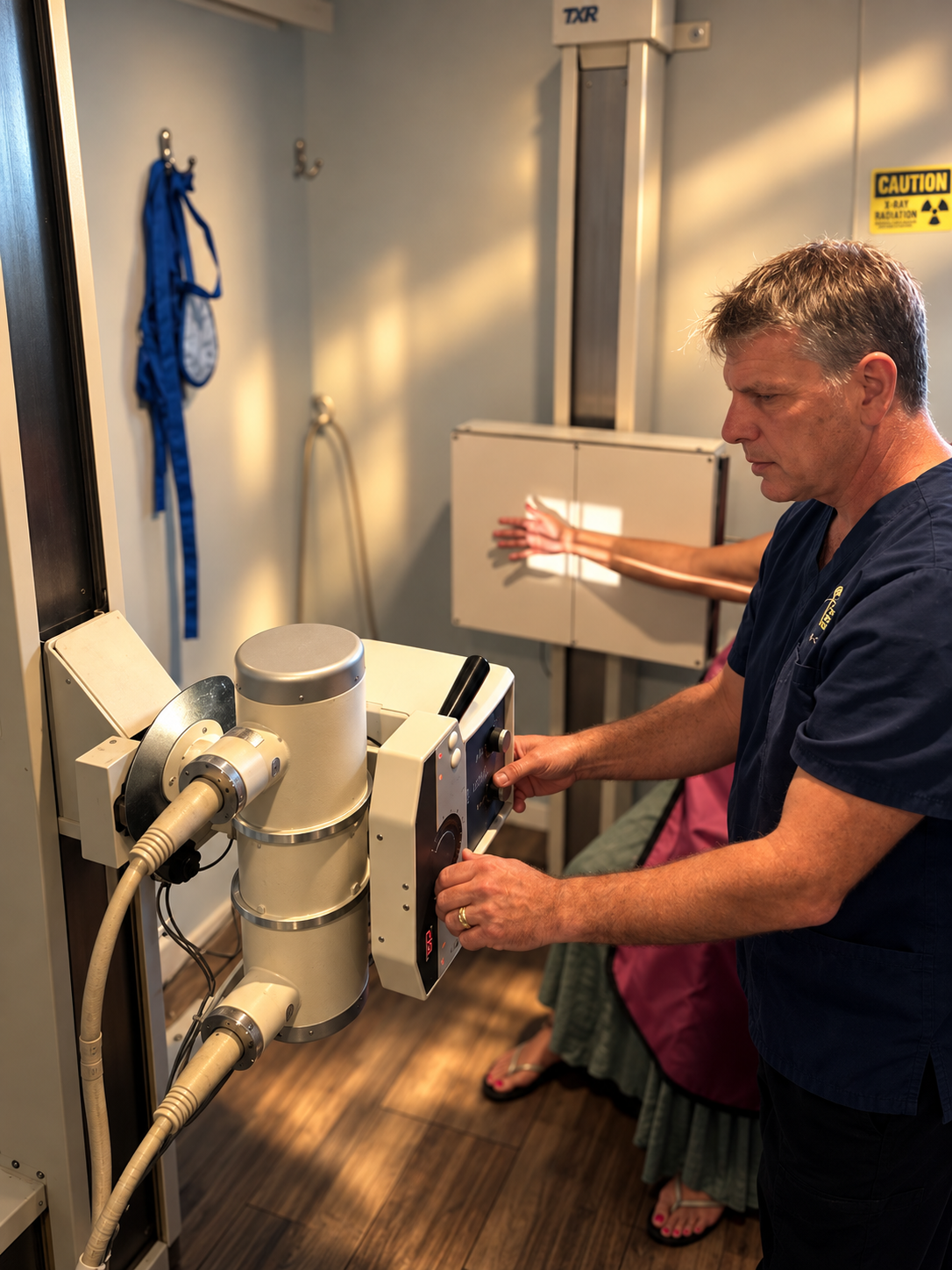 Dr. Shad Groves positioning a patient at the X-ray equipment at Chiropractic Neurology Center